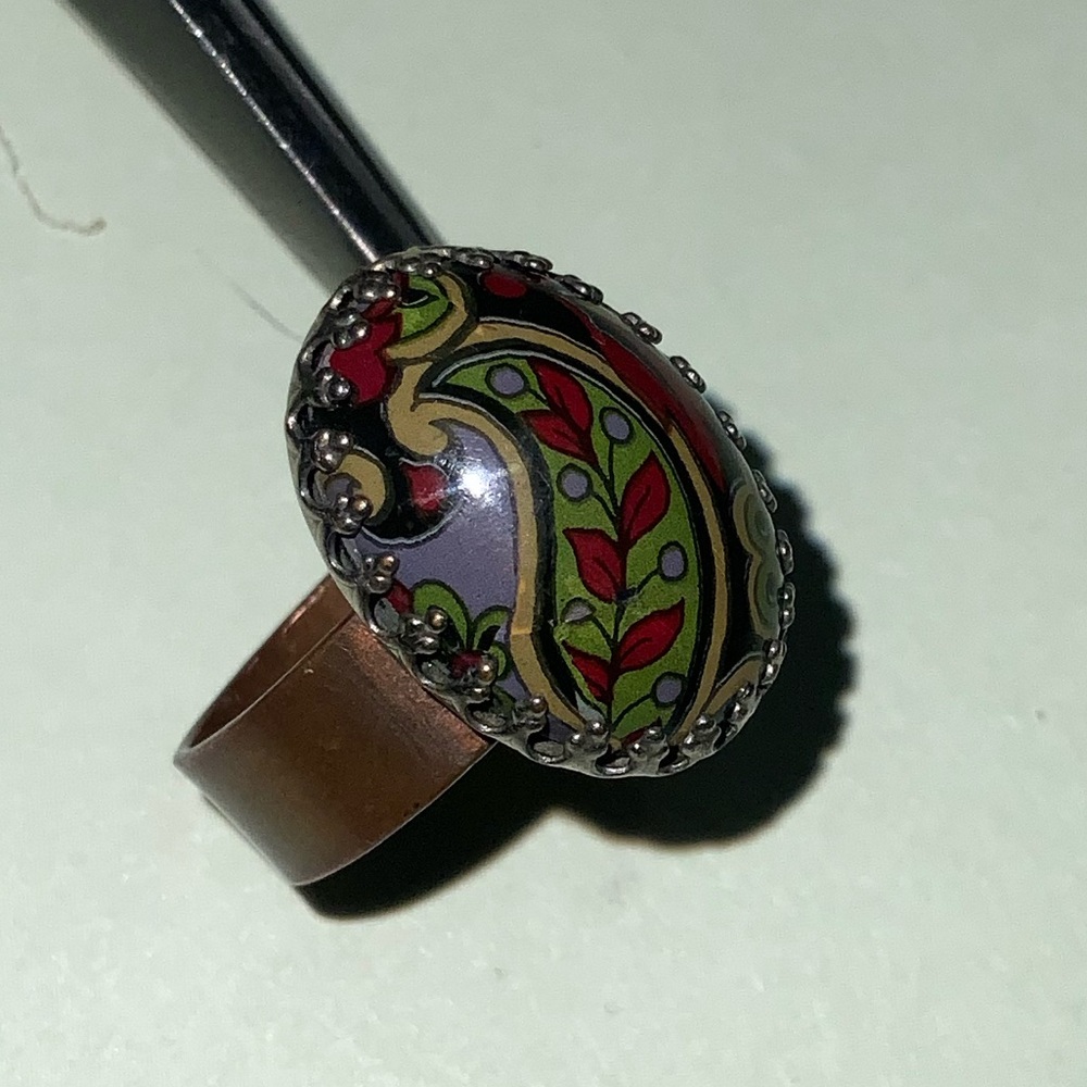 Vtg Antique Copper Multicolor Paisley Cabochon Ring in Beveled Setting Sz 7